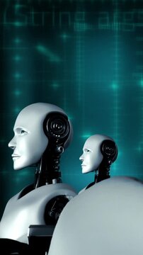 Futuristic robot artificial intelligence huminoid AI programming coding technology development and machine learning concept. Robotic bionic science research for future of human life. 3D rendering.