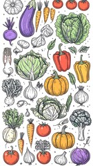 Colorful hand-drawn illustration of various vegetables