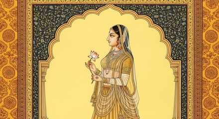 Elegant indian woman in ornate golden attire holding a flower, framed by an arch