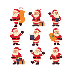 Collection of nine adorable santa claus characters isolated on transparent background