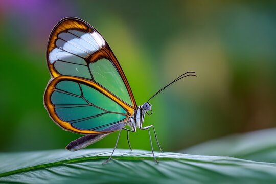 Stunning glasswing butterfly showcases delicate transparent wings and vibrant colors on lush green leaf
