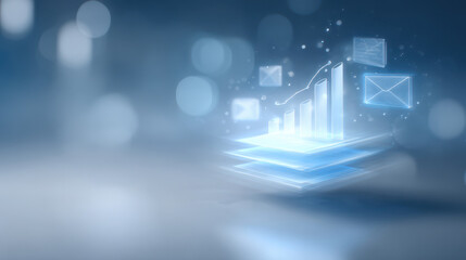 Small business growth strategies concept with digital graph and email icons glowing over blurred background