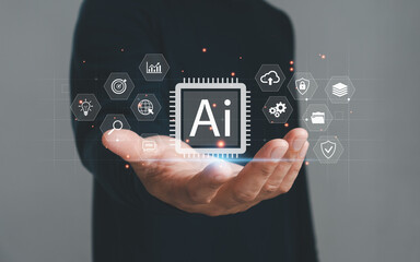 Hand holding AI chip icon with futuristic interface, representing artificial intelligence, machine learning and digital technology innovation. Ideal for tech, data and AI-related content.