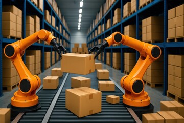 Advanced Robotic Arms Efficiently Handling Packages in a Modern Warehouse Environment Enhancing Logistics and Automation Technologies for Supply Chain Management