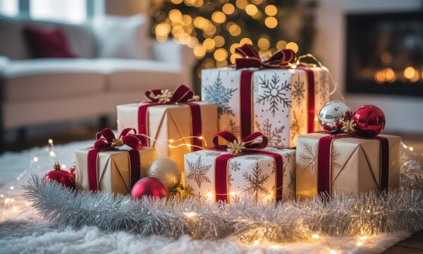 Christmas presents, gifts, stacked,  festive, warm.  A pile of wrapped presents,  decorated with maroon