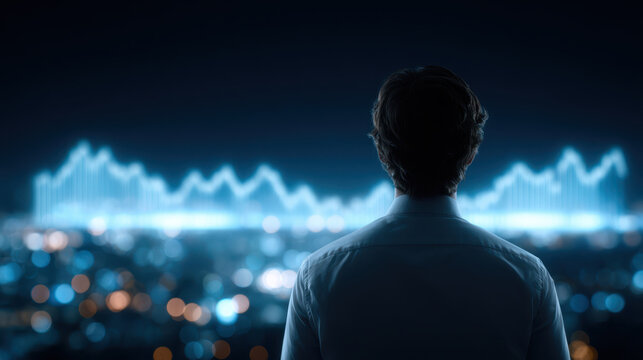 Small business owner studies growth strategies analyzing digital data charts with focus and determination in dark office environment at night