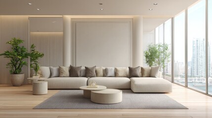 Elegant minimalist living room with white sofa, wooden flooring, plants, and stunning city view through large windows in modern apartment with spacious, bright, and cozy interior design