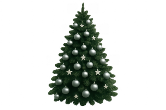Christmas tree decorated with silver baubles and stars on transparent background
