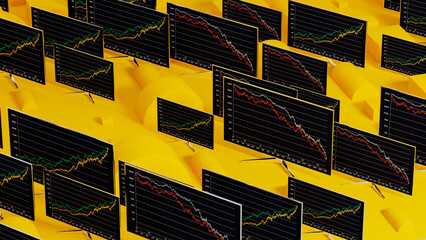Dynamic stock market statistics displayed on multiple TV screens
