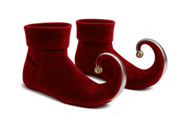 Pair of red elf shoes with curly toes and gold bells on transparent background