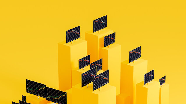 Dynamic stock market statistics displayed on multiple TV screens