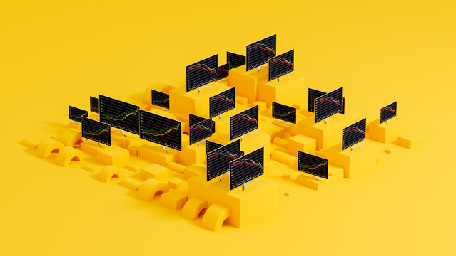 Dynamic stock market statistics displayed on multiple TV screens