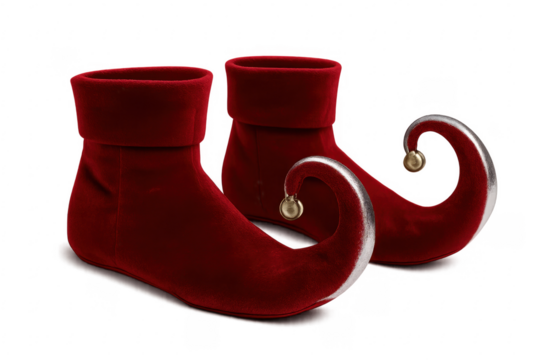 Pair of red elf shoes with curly toes and gold bells on transparent background