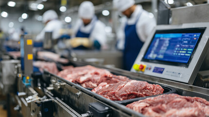 Packaging station inside food factory, automated sealing machines closing plastic containers filled with pork meat, workers monitoring equipment with digital screens and sensors