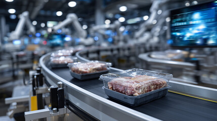 Obraz na płótnie Canvas Automated conveyor belt carrying rows of plastic boxes with meat portions through a refrigerated production line, robotic arms sorting containers, futuristic industrial atmosphere