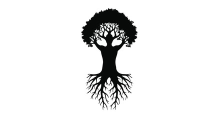 Silhouette of a strong, ancient tree with expansive roots, symbolizing growth and stability.