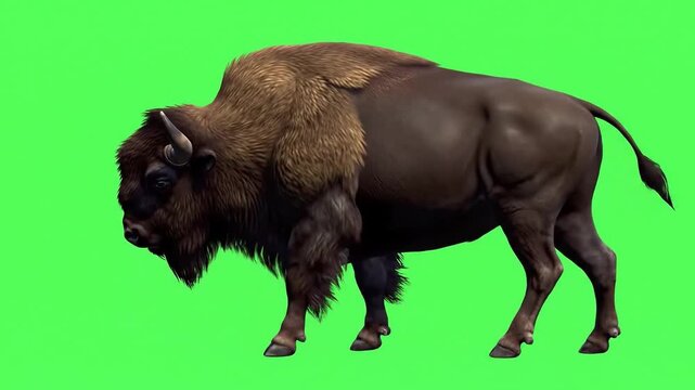 A large brown bison standing on a green screen background, viewed from the side with a slight left turn.