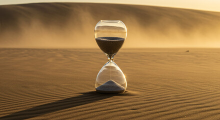 Hourglass on desert dunes at sunset—time concept