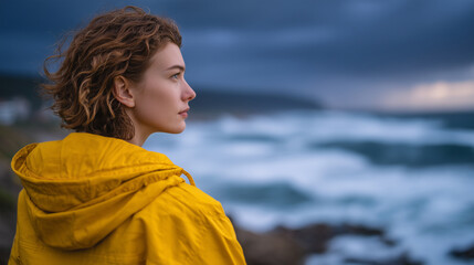 Female traveler framed against stormy sea under dramatic skies, tension between recreation and unresolved worries, natural landscape amplifying her sense of solitude