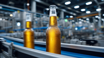 Frosted beer bottles moving along brewery conveyor, condensation forming from cooling, industrial machinery creating dynamic factory atmosphere