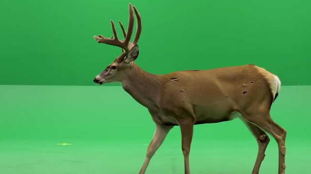 A male deer with large antlers walks in front of a green screen background, captured in a studio setting with a shallow depth of field.