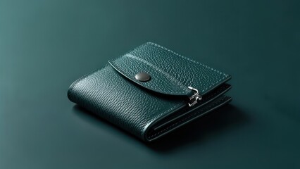 A teal leather wallet with a metallic snap closure rests on a dark teal surface; simple, elegant design, showcasing texture