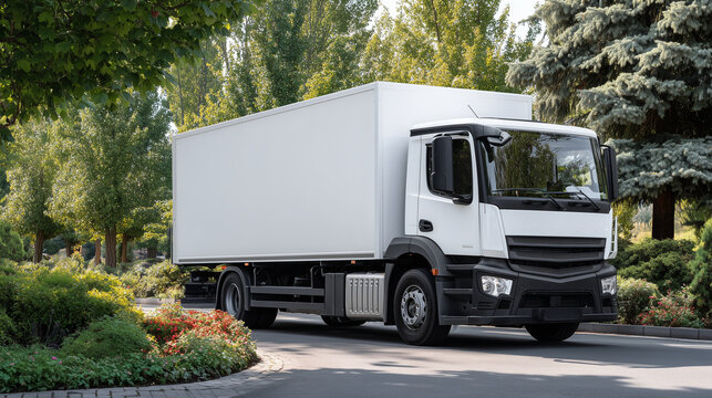 Heavy-duty white cargo vehicle on a rural road, mockup template showing side panel for custom branding, natural lighting creating realistic shadows