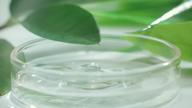 Drop is falling into petri dish with cosmetic or medical liquid in slow motion. Dermatology science laboratory. Concept of natural medicine or cosmetic research and organic skin or body care products