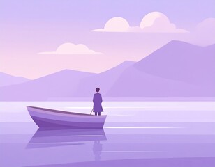 A man in a boat, serene landscape