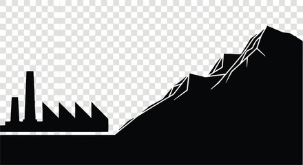 Industrial factory silhouette beside rugged mountain landscape
