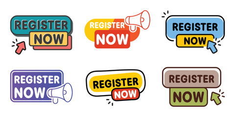 Collection of six colorful and modern register now buttons with call to action graphics and cursors for online sign up and registration