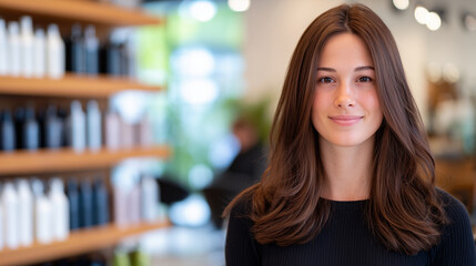 Woman with smooth light brown hair facing a stylist, seen from behind, bright salon interior with professional hair products displayed on shelves