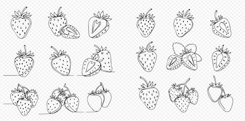 A collection of hand-drawn strawberry illustrations, showing whole, sliced, and grouped berries in a black line art style on a transparent background.