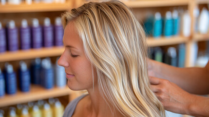 Rear view of a woman with light blonde hair flowing down her back, stylist adjusting hair, shelves filled with colorful hair products blurred in background