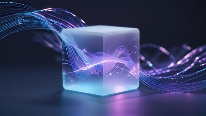 Illuminated cube with flowing light strands and glowing particles in a dark environment concept art