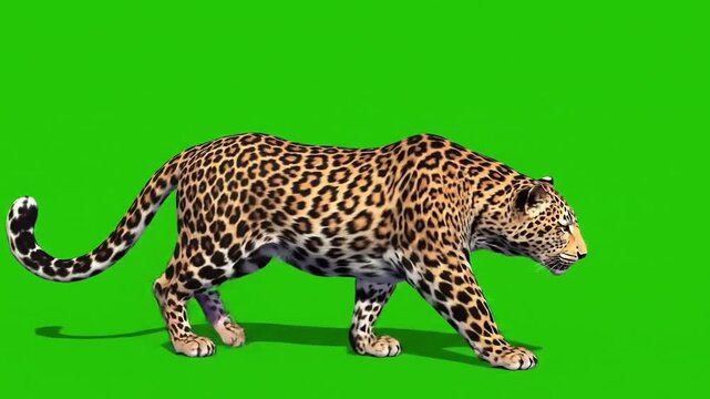 A realistic 3D image of a walking leopard against a green screen background with a shadow underneath.