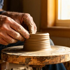 Close-up of artisans hands shaping clay on pottery wheel with natural light, traditional craftsmanship