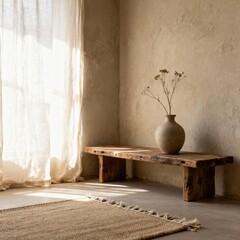 Rustic minimalist interior with wooden bench, dried flowers, and natural light