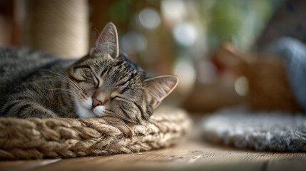 Small tabby cat sleeping on a scratching post, sunlit wooden floor and cozy interior, soft focus background adding to peaceful ambiance
