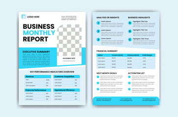 Corporate editable flyer template business monthly report with charts and graphs, showcasing financial data and company performance analysis, presented professionally on a clean background 