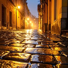 Cobblestone alleyway at night