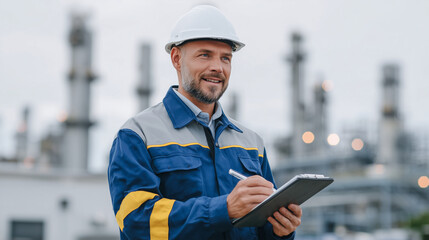 Industrial engineer documenting air quality data near factory stacks, protective gear reflecting sunlight, background filled with industrial structures and rising smoke