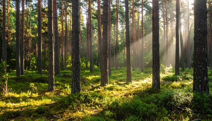 Fototapeta premium Sunlight streams through a dense pine forest, illuminating the mossy ground.