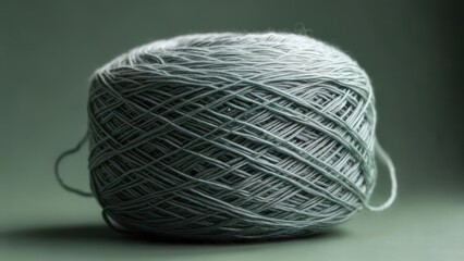 A tightly wound ball of pale grey yarn sits on a dark green background, showing intricate woven texture and loose ends