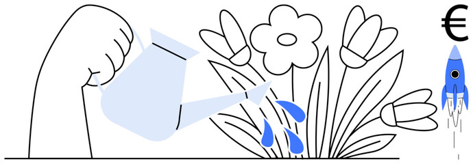 Obraz premium Hand watering blooming flowers representing growth and nurturing. Includes a financial symbol and a rocket for success and innovation. Ideal for business, growth, startup, investment, finance