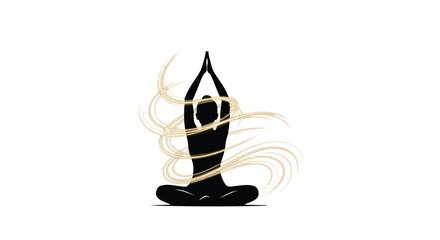 Silhouette of person meditating in serene yoga pose with golden energy swirls, promoting inner peace and mindfulness.