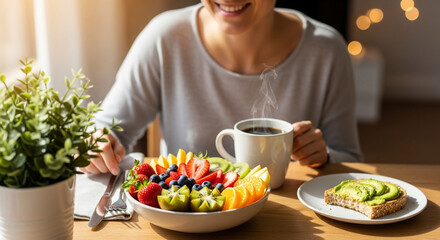 Naklejka premium Smiling woman enjoys vibrant fruit platter and coffee, healthy breakfast vibes