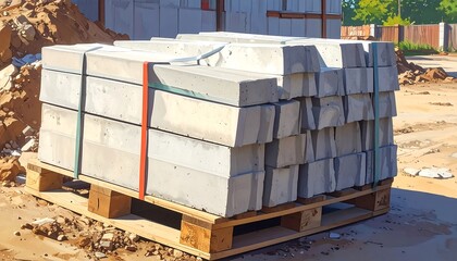 Stacked concrete paving blocks rest securely on a wooden pallet, ready for transport or installation.