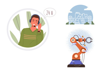 Customer support agent with headset, futuristic shopping mall, and robotic arm for advanced industry. Ideal for technology, automation, support, shopping, innovation customer care teamwork. Simple