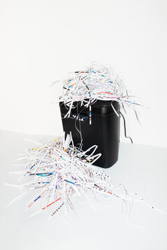 Paper shredder chipper and paper chaff in work business office 